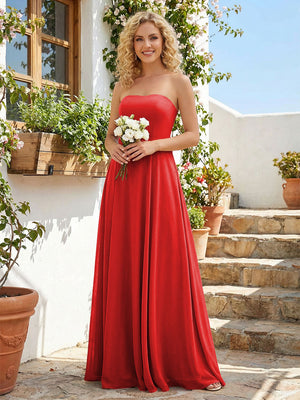 Chiffon Strapless A Line Long Bridesmaid Dresses with Back Tie