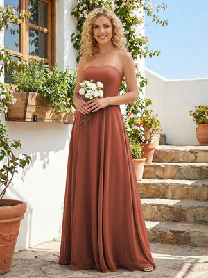 Chiffon Strapless A Line Long Bridesmaid Dresses with Back Tie