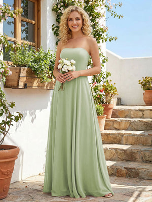 Chiffon Strapless A Line Long Bridesmaid Dresses with Back Tie