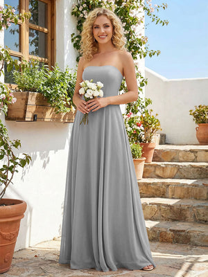 Chiffon Strapless A Line Long Bridesmaid Dresses with Back Tie
