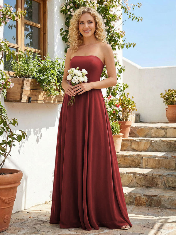 Chiffon Strapless A Line Long Bridesmaid Dresses with Back Tie