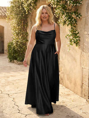 Spaghetti Straps Cowl Neck Satin Bridesmaid Dresses with Pockets