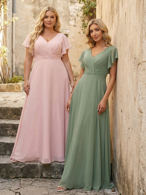 V Neck Ruffles Chiffon Pleated Bridesmaid Dresses