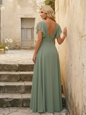 V Neck Ruffles Chiffon Pleated Bridesmaid Dresses