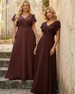 V Neck Ruffles Chiffon Pleated Bridesmaid Dresses