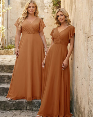 V Neck Ruffles Chiffon Pleated Bridesmaid Dresses
