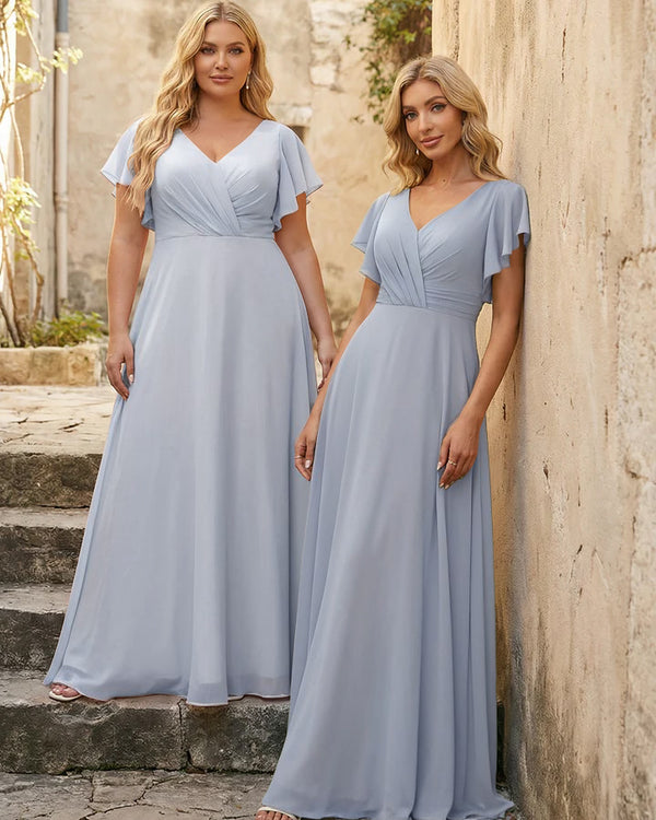 V Neck Ruffles Chiffon Pleated Bridesmaid Dresses