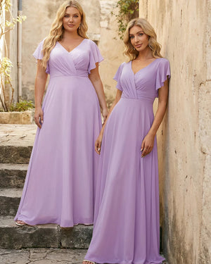V Neck Ruffles Chiffon Pleated Bridesmaid Dresses