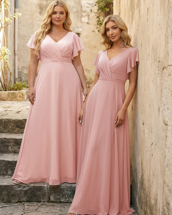 V Neck Ruffles Chiffon Pleated Bridesmaid Dresses
