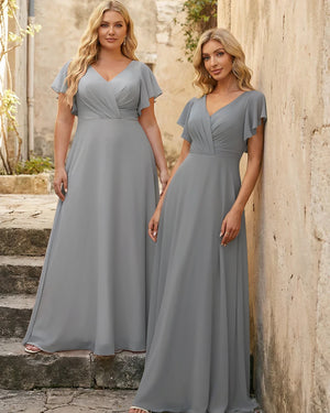 V Neck Ruffles Chiffon Pleated Bridesmaid Dresses