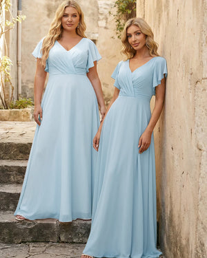 V Neck Ruffles Chiffon Pleated Bridesmaid Dresses
