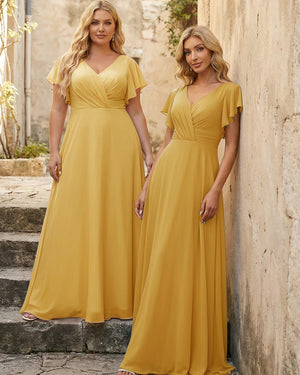 V Neck Ruffles Chiffon Pleated Bridesmaid Dresses