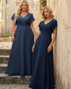 V Neck Ruffles Chiffon Pleated Bridesmaid Dresses