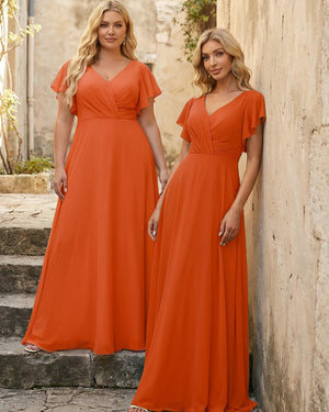 V Neck Ruffles Chiffon Pleated Bridesmaid Dresses