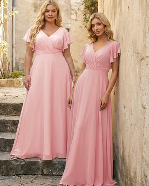 V Neck Ruffles Chiffon Pleated Bridesmaid Dresses