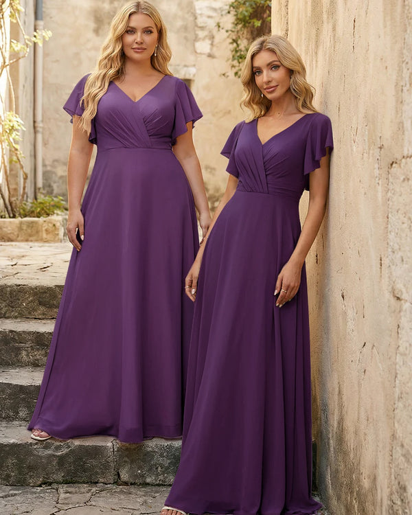 V Neck Ruffles Chiffon Pleated Bridesmaid Dresses