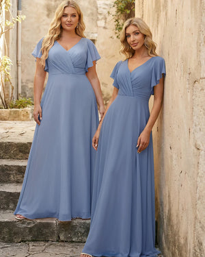 V Neck Ruffles Chiffon Pleated Bridesmaid Dresses