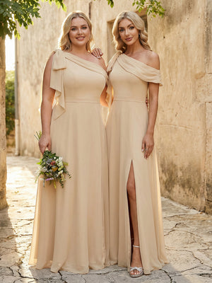 Chiffon One Shoulder Side Slit Pleated Bridesmaid Dresses