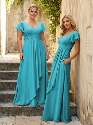 Chiffon V Neck Corset Pleated Bridesmaid Dresses
