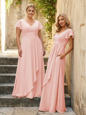 Chiffon V Neck Corset Pleated Bridesmaid Dresses
