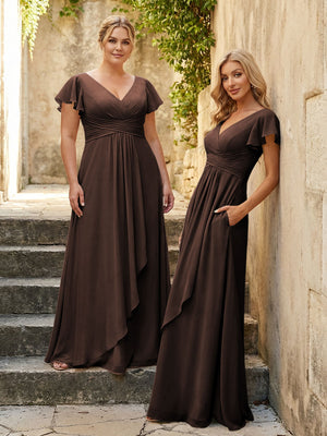 Chiffon V Neck Corset Pleated Bridesmaid Dresses