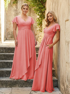 Chiffon V Neck Corset Pleated Bridesmaid Dresses