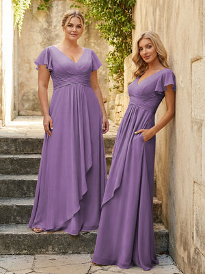 Chiffon V Neck Corset Pleated Bridesmaid Dresses