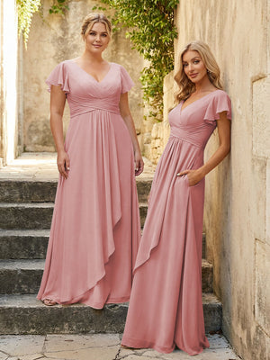 Chiffon V Neck Corset Pleated Bridesmaid Dresses