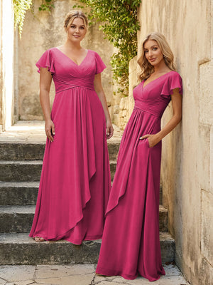 Chiffon V Neck Corset Pleated Bridesmaid Dresses