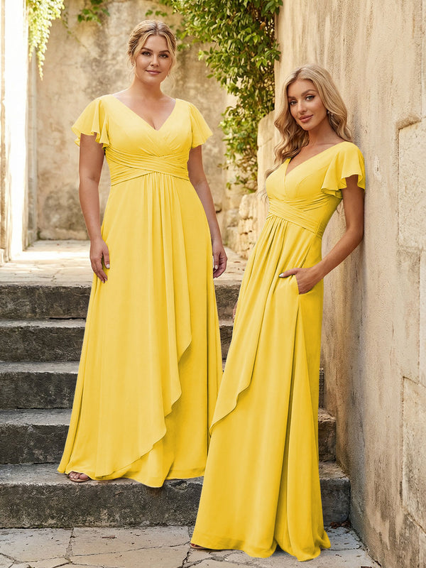 Chiffon V Neck Corset Pleated Bridesmaid Dresses