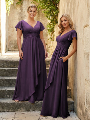 Chiffon V Neck Corset Pleated Bridesmaid Dresses