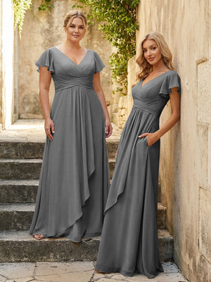 Chiffon V Neck Corset Pleated Bridesmaid Dresses