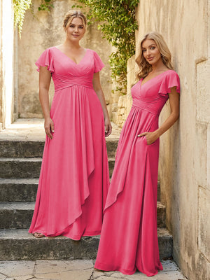 Chiffon V Neck Corset Pleated Bridesmaid Dresses