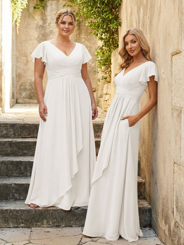 Chiffon V Neck Corset Pleated Bridesmaid Dresses