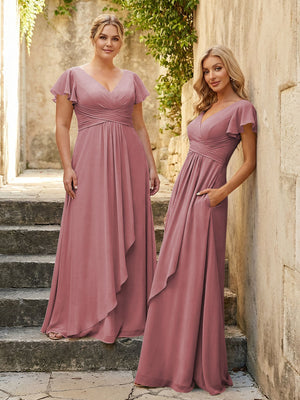 Chiffon V Neck Corset Pleated Bridesmaid Dresses