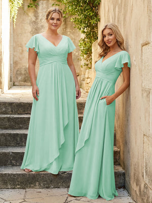 Chiffon V Neck Corset Pleated Bridesmaid Dresses