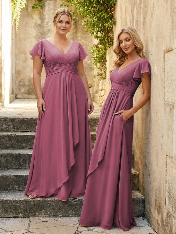 Chiffon V Neck Corset Pleated Bridesmaid Dresses