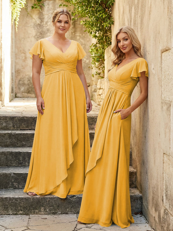 Chiffon V Neck Corset Pleated Bridesmaid Dresses