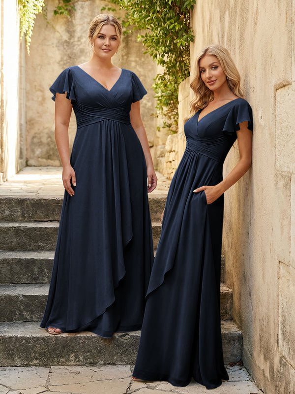 Chiffon V Neck Corset Pleated Bridesmaid Dresses