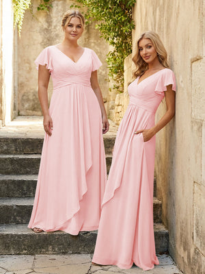 Chiffon V Neck Corset Pleated Bridesmaid Dresses