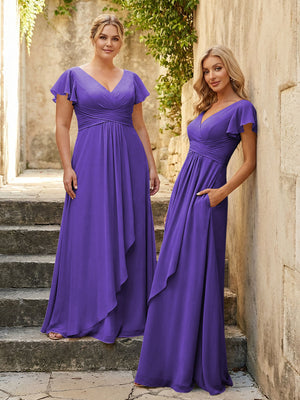 Chiffon V Neck Corset Pleated Bridesmaid Dresses