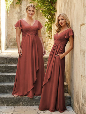 Chiffon V Neck Corset Pleated Bridesmaid Dresses