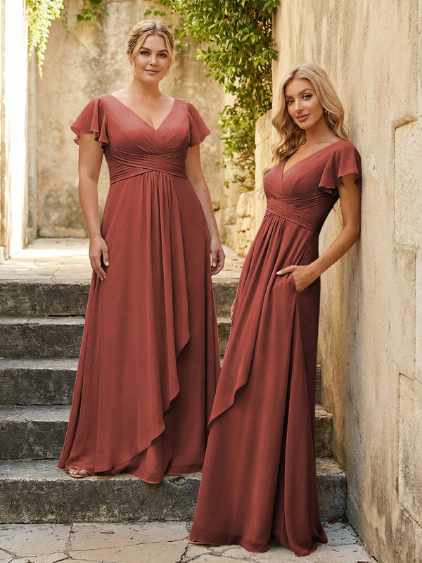 Chiffon V Neck Corset Pleated Bridesmaid Dresses
