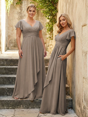 Chiffon V Neck Corset Pleated Bridesmaid Dresses
