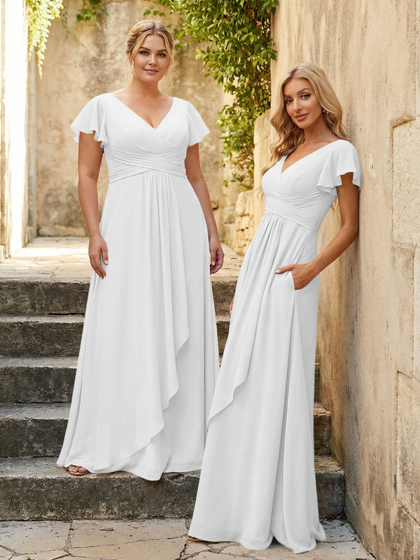 Chiffon V Neck Corset Pleated Bridesmaid Dresses