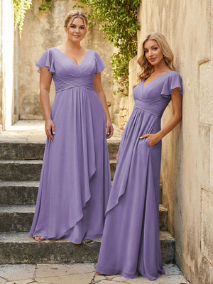 Chiffon V Neck Corset Pleated Bridesmaid Dresses