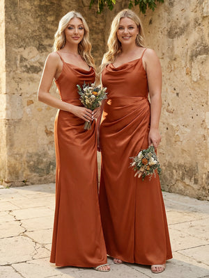 Spaghetti Straps Satin Cowl Neck Corset Bridesmaid Dresses