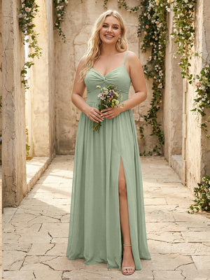 Spaghetti Straps Chiffon Sweetheart Bridesmaid Dresses with Slit