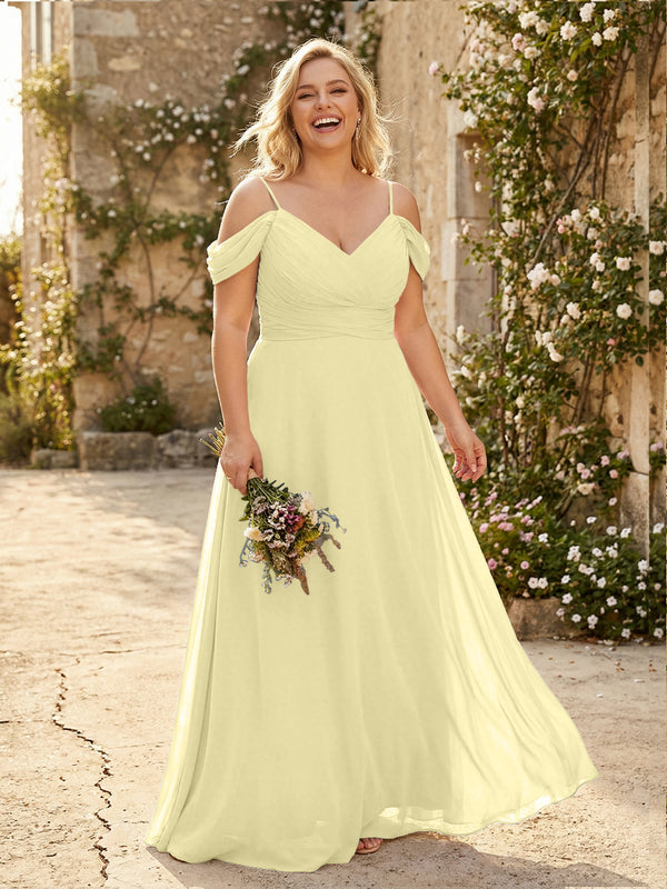 Spaghetti Straps Chiffon Pleated  Off the Shoulder Bridesmaid Dresses