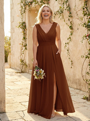 V Neck Pleated Chiffon Side Slit Bridesmaid Dresses with Pockets